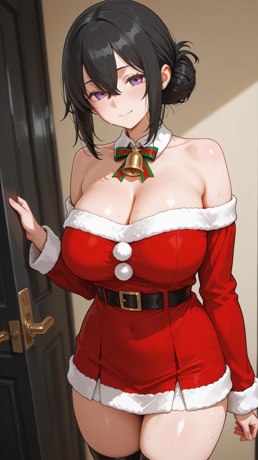 masterpiece, best quality, 1 solo girl, black hair, blue eyes, short hair, wavy hair, Christmas ornaments, medium breasts, mature body and face, red santa dress, christmas, christmas light, christmas tree, red gloves, red santa skirt, holding gift, red bra, red panty, leg up, cowboy shots, sexy pose, dakimakura, ultra-detailed body, face, and eyes, sharp focus, vibrant, creative, dynamic, high definition, high resolution, 8k, (Upscale: R-ESRGAN 4x+ Anime6B), (Image enchance:4x), voluptuous body