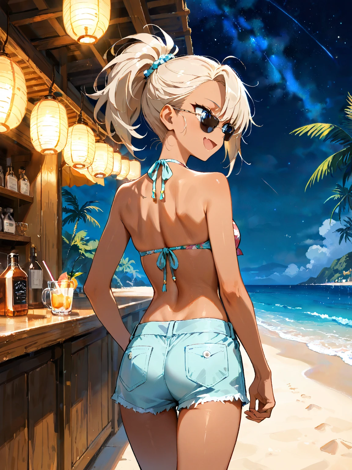 A masterpiece, boldly drawn anime style illustrations, detailed drawings, midsummer nights, crazy fun, cinematic lighting, a poolside bar. A toned young man in bikini briefs is trying to woo a stylish, glamorous woman in a white bikini.