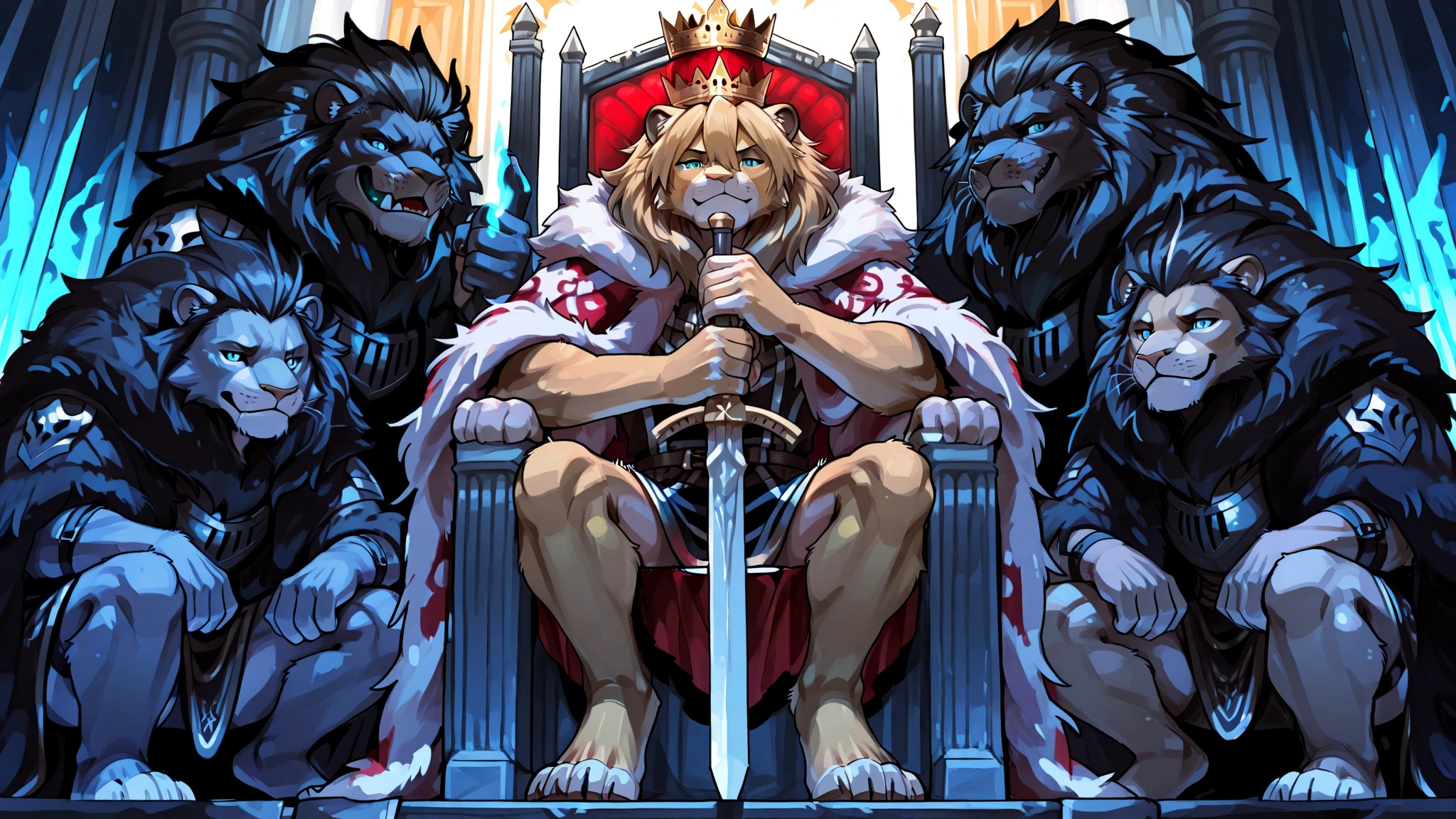  1 king,wearing a crown、sitting on a throne、Countless vassals of beasts kneel around the、Fur Cloak、Holding a sword in one hand、(lion furry face), furry legs, furry arms, (A group of subordinate soldiers:1.1)、Kneel