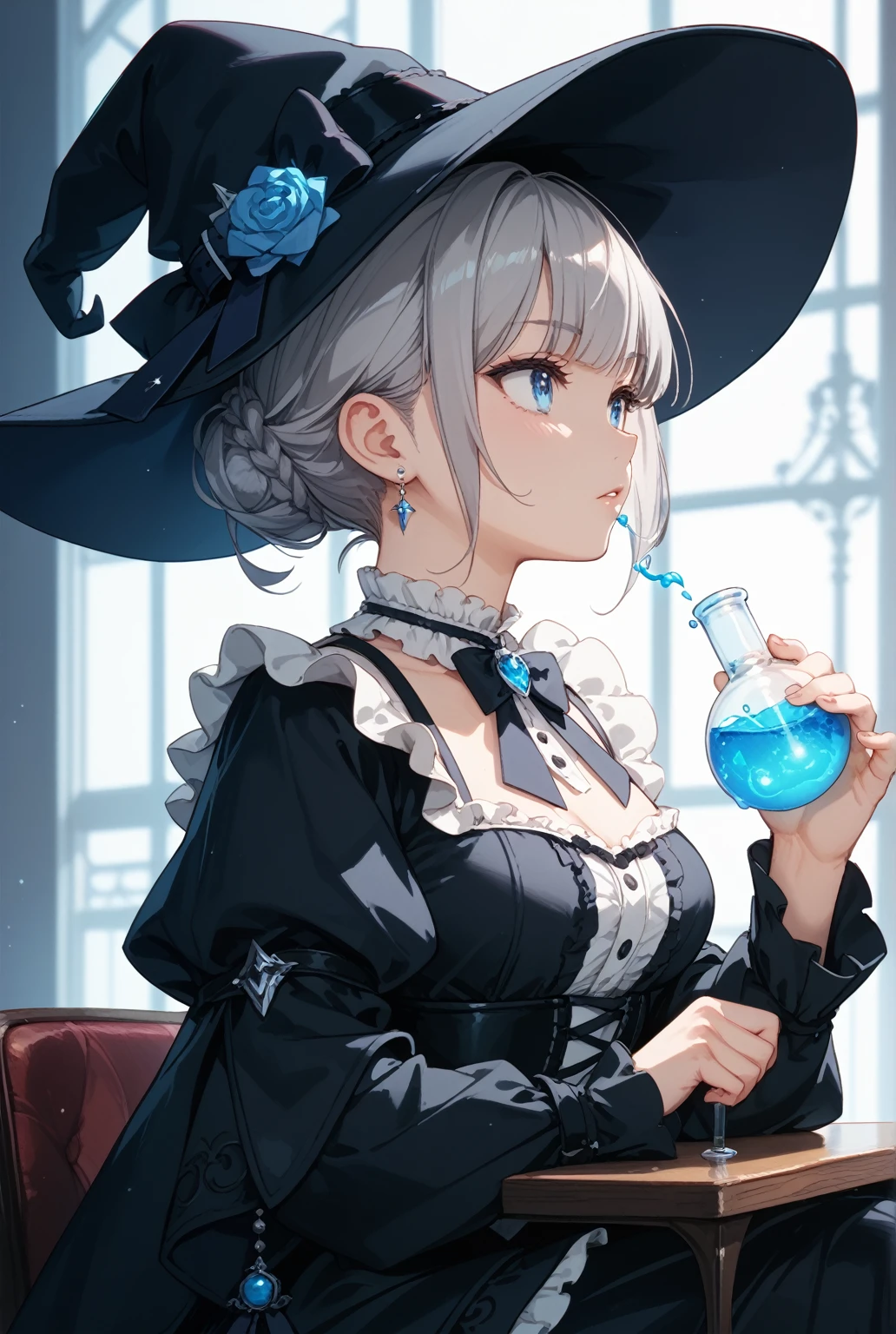 Black hat with star pattern、White Hair、witch、Holding a white potion in one hand、Sexy clothes