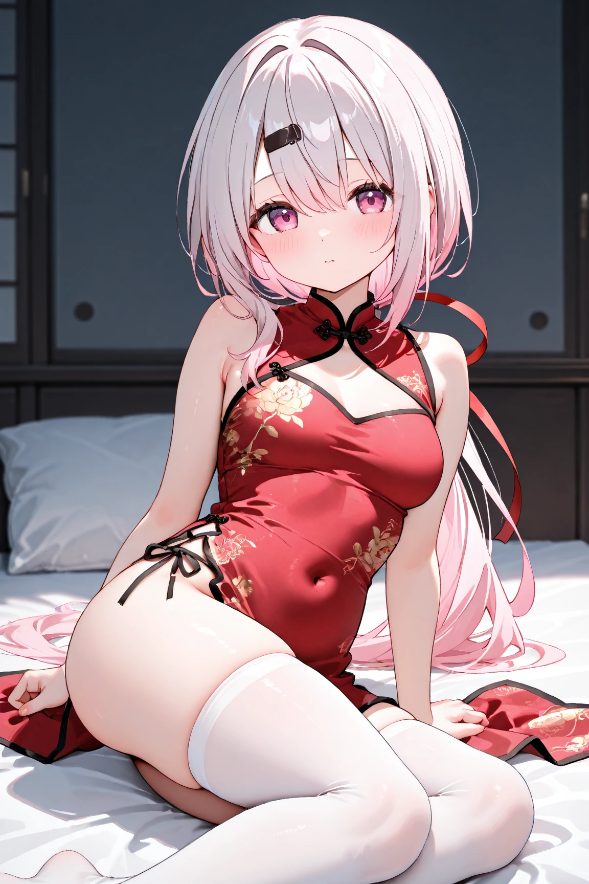 Chinese architecture,night chinese background, solo,a girl,170cm height,25CM bust,pink hair,cheongsam,black underwear,night,gentle,Smile, ((white stockings)),indoors,on the bed,(((bare arms))) ,black gloves,bare arms,mitsukasa ayase