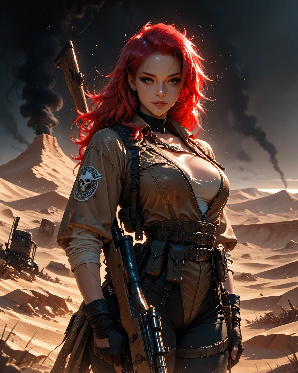 Post-apocalyptic female warrior (Ohwx woman) in Simon Bisley style for the cover of Heavy Metal magazine, wearing teared red shirt and black fishnets, with some barbed wires around her left leg thigh, scantily clad, art by Dmitry Sergeev