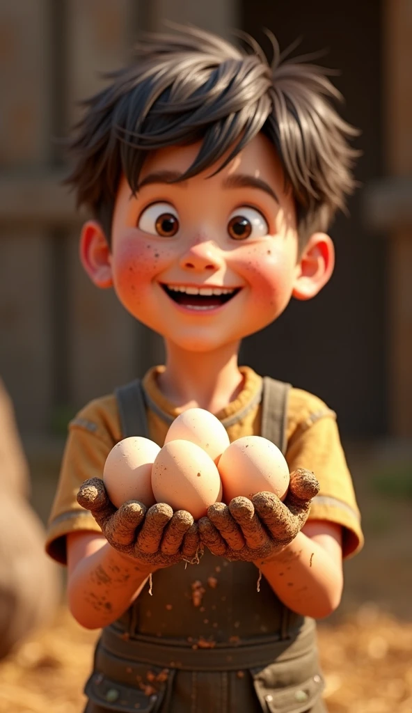 Generate a realistic image of a boy in front of a store called Paraíba holding a duck