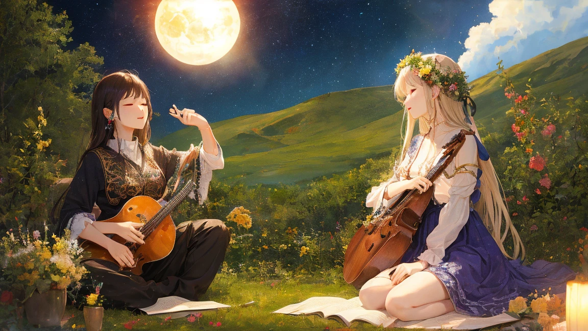 Nam Das, Paru Itagaki, Mysterious, strange, surreal, bizarre, fantasy, Sci-fi, Japanese anime, concert of anthropomorphic instruments, musical notes dancing in the air, moonlit night, detailed masterpiece wide angles perspectives 