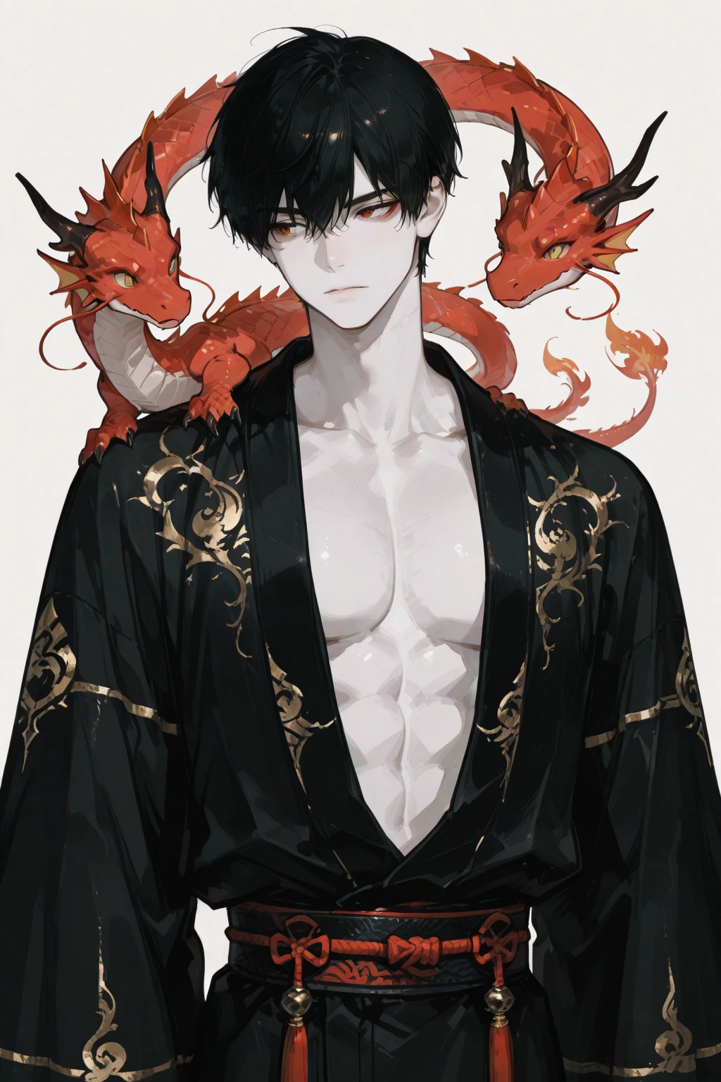 Painting of a woman with a demonic body and a snake-like tail, Line drawing inspired by Masanobu Okumura, Tumbler, shin hanga, handsome japanese demon boy, demon male, human male demon, male djinn man demon hybrid, As an anthropomorphic dragon, male centaur centaur chimera