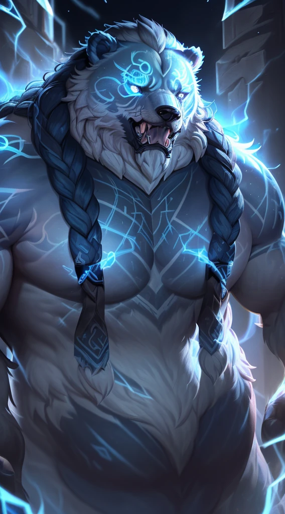 (masterpiece, 4k ,ultra detailed:1.2),(fantasy:1.2),illustration,(realistic:1),(photorealistic:1),
(Volibear, the champion from League of Legends:1.6),
(white hair,very long fur:1.6),(roaring with open mouth:1.3),(white bear with red eyes and a glowing light on its face:1.4),
(musculous body,red rays coming out of eyes,rays surrounding around,giant bear:1.3),
(forest, night, lighted mushrooms, fireflies:1.2),