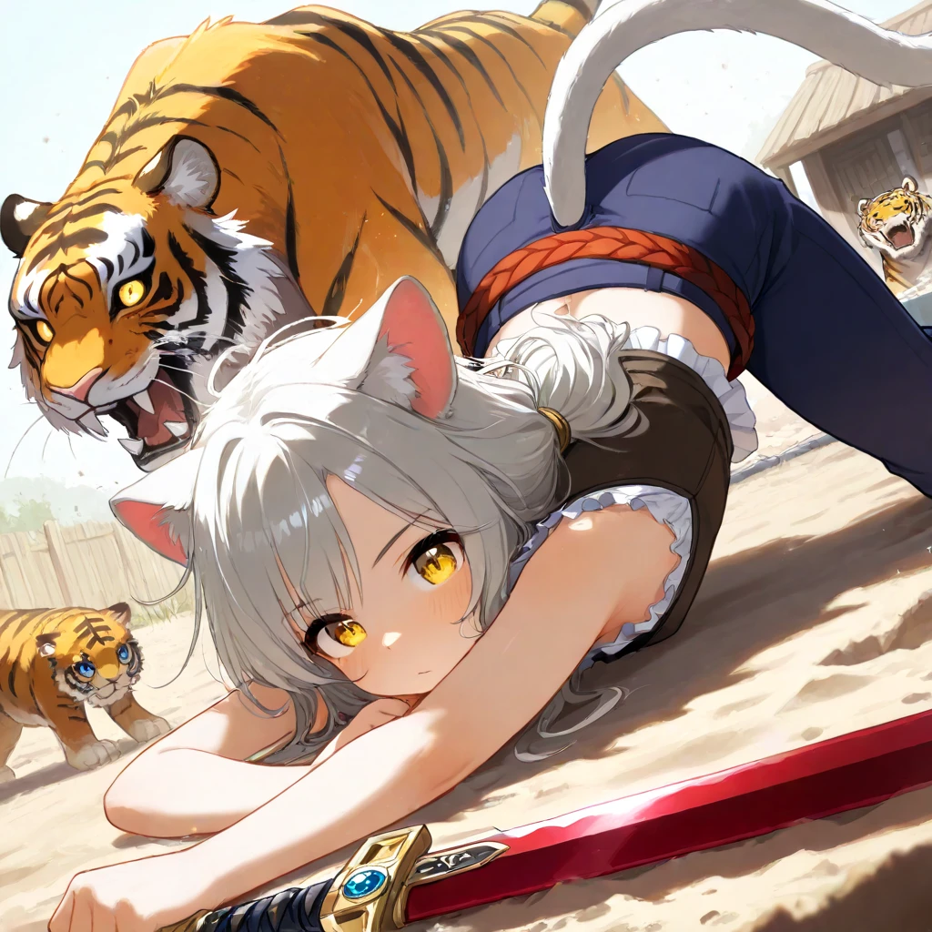 Masterpiece, Hyper Quality, Hyper Detail, Perfect Drawing, 1 Beautiful Girl, Tiger Print Bikini (Micro Bikini 1.3), Tiger Ears, Tiger Tail, Tiger Palm, Tiger Po, Tiger Fingers, Sharp Claws, Sharp Fangs, Hunter's Eyes Aiming at Prey, Black Hair and Blonde Mesh, Sharp Eyes, Height 177cm (3 Size B95W60H90) , Open stance, action pose, brave perspective, gripping the hilt of the sword strongly with both hands, thrusting the tip of the sword towards the camera, bold perspective composition, super huge sword, blade that reflects light and shines,