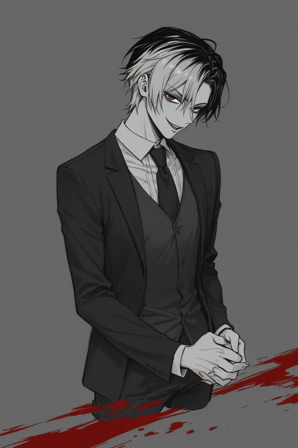Anime characters wear suits and ties，Blood dripped onto his pants, androgynous vampire, kaneki ken, Bloody + concept-art, kaneki ken, male vampire, handsome guy in demon killer art, handsome male vampire, Dark suit, his eyes are bleeding intense, he's very menacing and evil, Vampire fashion, [[Blood]]，Black eyes，A small braid