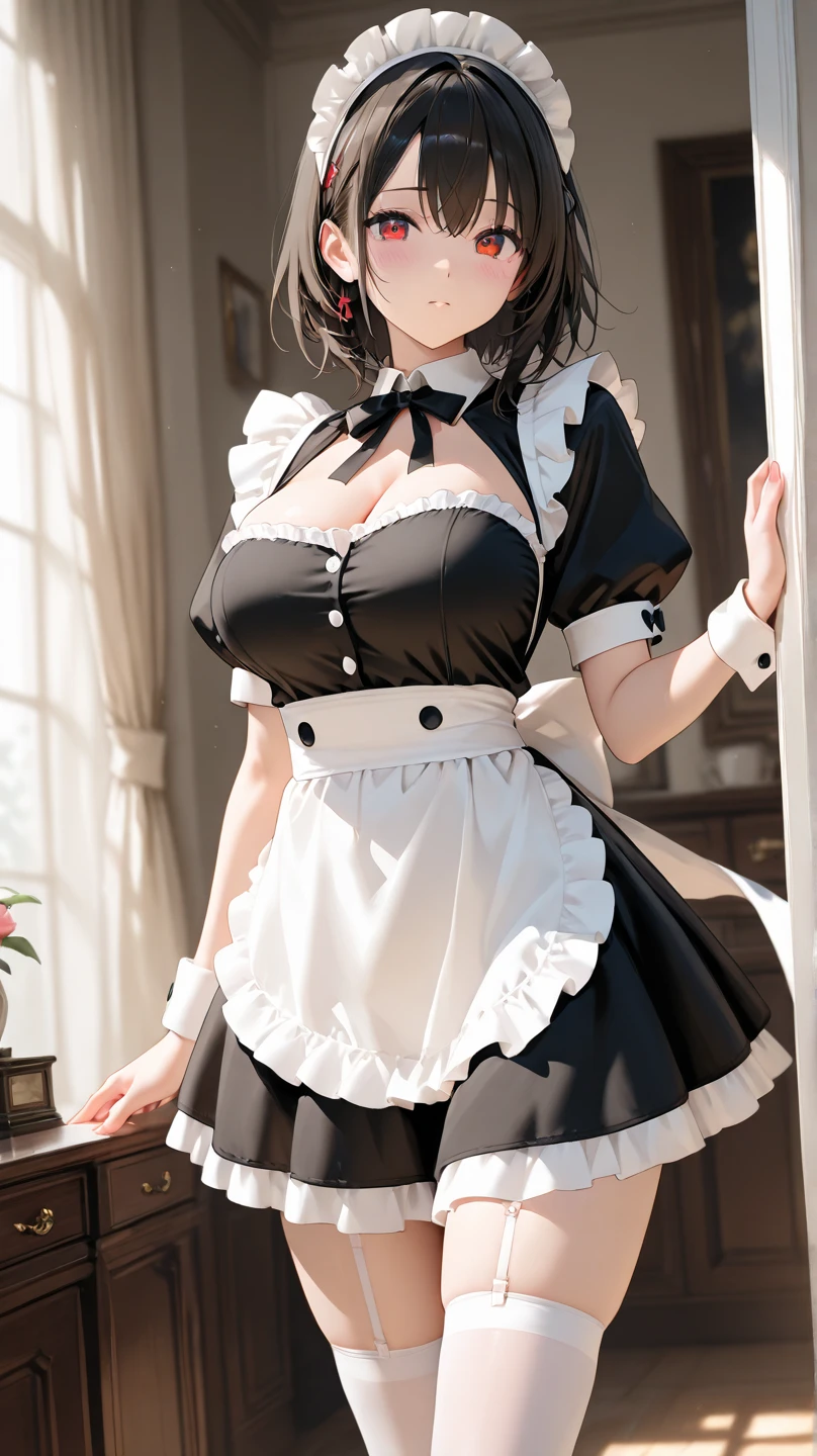 maid, maid uniform, dress, apron, knight armor, sword, sexy body, big breasts, cleavage, big hip, stockings, garter belts, smiling, beautiful face, detailed face, very detailed eyes, long black hair, blue eyes, beautiful eyelashes, (full body), high quality, detailed background, high resolution, red eyeliner make up, blush on, (best quality)