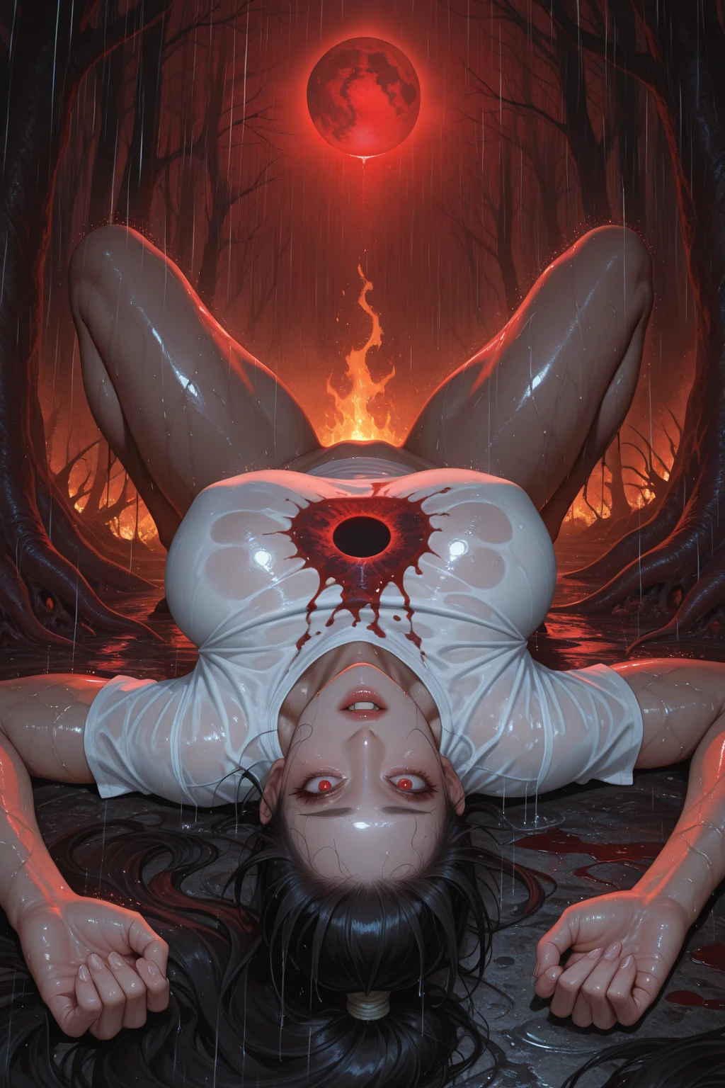 1girl, (solo), short bob hair with bangs, black hair, breasts, small size, yellow eyes, tanned skin, full nude, full body, covered in blood, sitting, sad, tired, exhausted, (night), red moon, red moonlight, clouds, death forest, forest behind, (very sexy body, detailed face, masterpiece, highly detailed, 8k, best quality, vibrant colors, digital art, concept art)