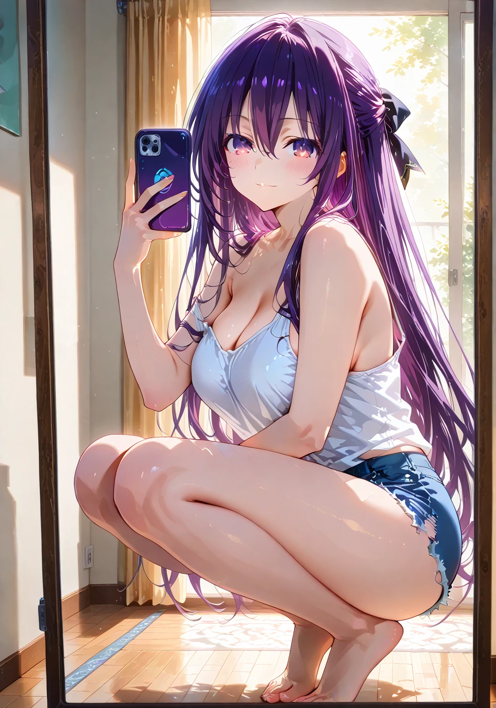 (*****, top-quality, 8K, masterpiece, Top image quality, Hi-Res, super detailing, Ultra HD, (Delicate and smooth skin, real looking skin, Perfect and beautiful face ,Perfect and cute face, high detail skin, Perfect limbs)), girl , ahoge , babydoll , blushing, hair between eyes , holding phone , white lingerie , navel , white panties , purple eyes , purple hair , selfie , small breasts , solo , white thighhighs , twintails , underwear , bare shoulders, pov from mirror