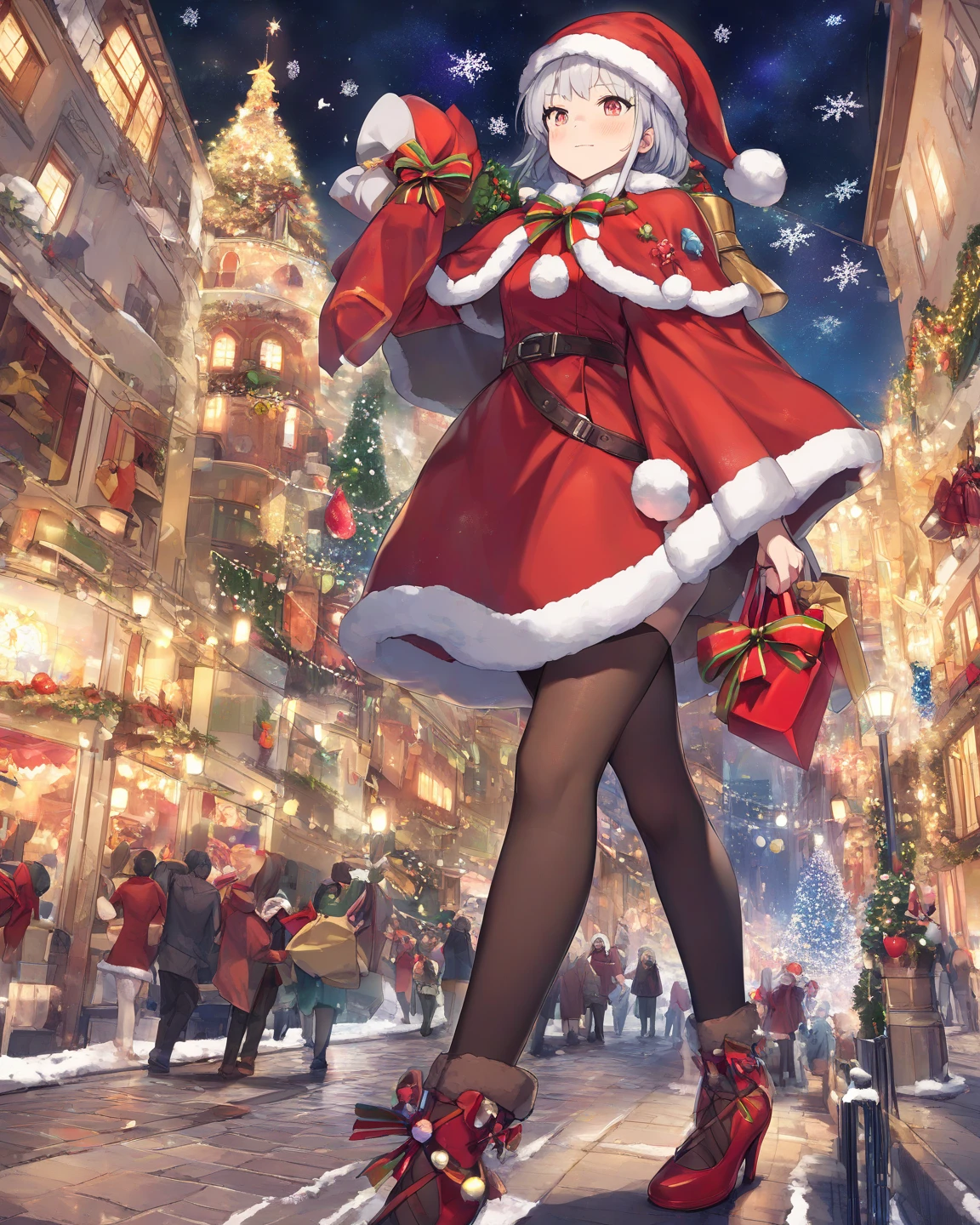 Top resolution、 Top image quality、 masterpiece、 8K、Composition seen from the back、 (((One Woman)))、 seductiv、red blush、 (((8 Head Body)))、Very Shorthair、 sexy pose、 large full breasts、sparkly eyes、Light in the eyes、hair adornments)))、 (((Beautie)))、 (((santa dressed in black)))、 Wearing a cloak、(skirt by the)、((Long tights))、 thighs thighs thighs thighs、In the city、 Crowds、 Christmas、Falling snow、Dating、Christmas present、See 5
