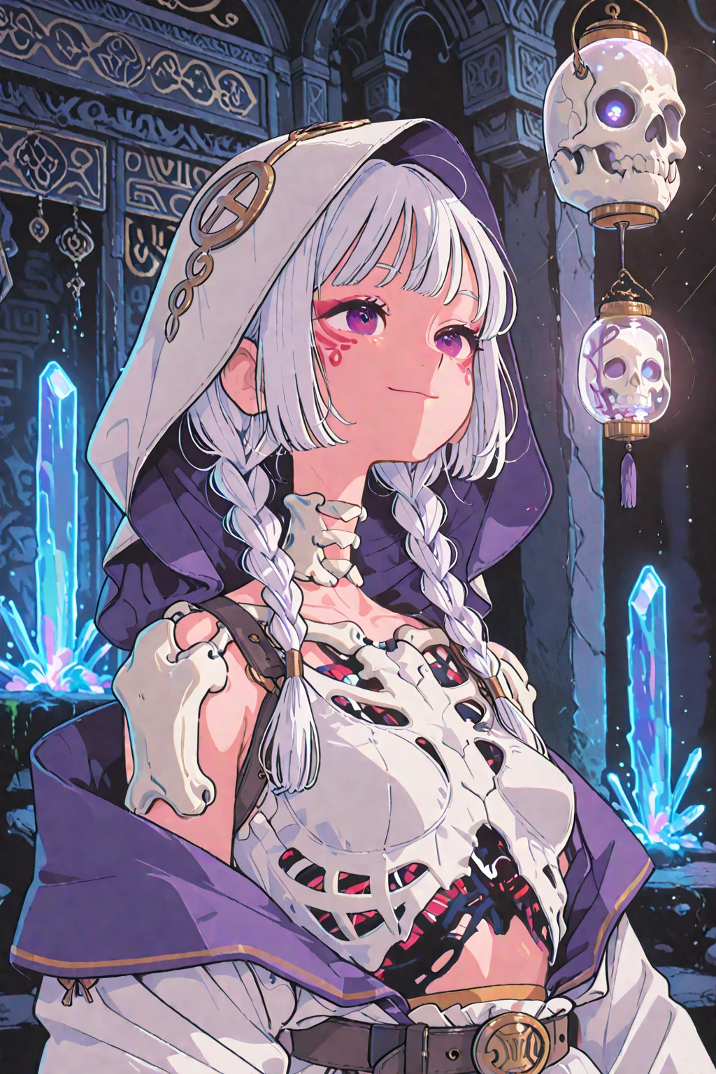 (8K, Best quality at best, tmasterpiece:1.2),\(Eyes detailed\),\(facial feature\),(\(Clothes detail details\)\),The upper part of the body(sface focus) ,Very detailed CG unified 8k wallpaper,hugefilesize,ultra - detailed,A high resolution,hoang lap,beautidful eyes,ray traycing,Dramatic shadows,Detailed pubic hair,dramatic angles,hyper-detailing,(1 girl:1.3),(Alone),Little girl,(change:1.2),Gray hair,cyan eyes,Long pointed ears,(A Necromancer:1.2),thin and small,little breast,The faintly visible collarbone，vaguely visible ribs，(Wearing a large black hooded cloak:1.2)+(Gray Torn Mage Robe:1.2),fitted robe.(Skeleton ornaments:1.2),Holding skull scepter in hand,(The walking stick consists of a wooden cane and a human skull attached to the arm of the cane.:1.3)