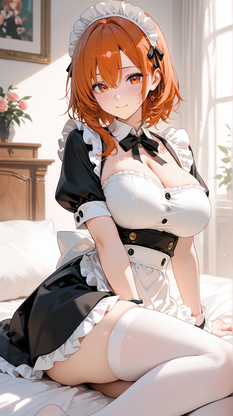 (​masterpiece、top-quality、top-quality、Beautifully Aesthetic:1.2)、ighly detailed、highestdetailed、grey  eyes、orange color hair|Semi-long blonde hair、cleavage of the breast、((maid clothes))、(pantyhose)、(a miniskirt)、(White cuffs)、
Matsumoto Rangiku、graffiti art、Look at the viewer、A smile、Bedroom、on the beds