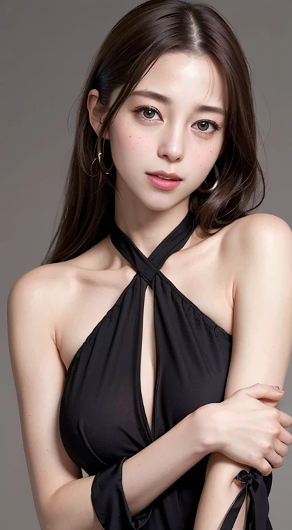 best quality, ultra high res, (photorealistic:1.4), pretty girl, nude, nudes, tits, no shirt, black choker, (faded ash gray hair:1), medium breasts, looking at viewer, closeup, (pretty face) , southeast asia girl.