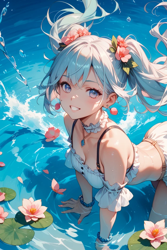 
high angle,from above,cleavage,((elegant  denim blue baseball cap)),
(wearing elegant red round frame glasses,circle frame),((white and red sexy elegant cute string tied summer bikini)),(pink and blue tank top),
(beautiful pink and green butterflies and fish all over the place),colorful fish,flowers,fantasy beams and lights,
((masterpiece:1.4, best quality)), ((masterpiece, best quality)),((beautiful twin tail silver pink hair,blunt bangs,beautiful cobalt blue eyes,little cute   girl)),full body, bathing in the water,(beautiful emerald green beach,waves),(water splash,lovely laugh), (pink Lace chalker, red wristband, diamond necklace,earrings),cinematic lighting and pause,beautiful natural mysterious beach,night sky,full moon,(beautiful pink and red butterflies and fish all over the place),