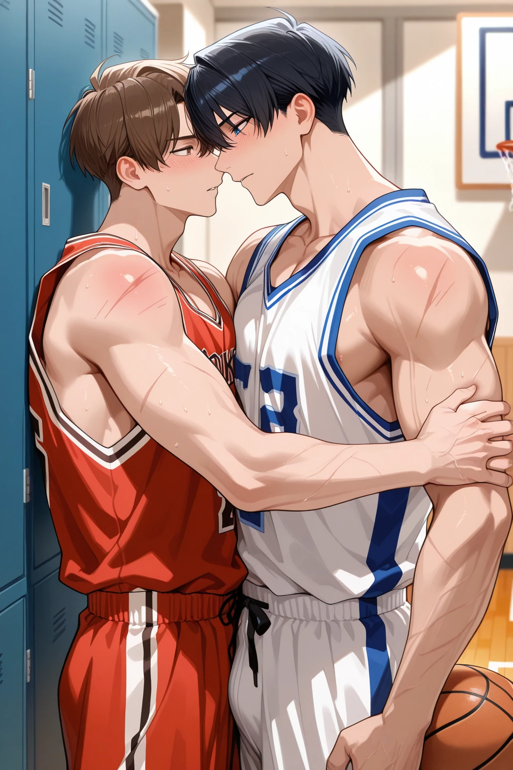 best quality, masterpiece, two muscular male soccer players, tears each other's soccer uniforms off, motion blur, sweaty, fashionable hair, in gym locker room, looking at each other lovingly, dramatic lighting, dramatic shadows, sexy, gay, homoerotic, perfection, no watermark, no logo, no signature