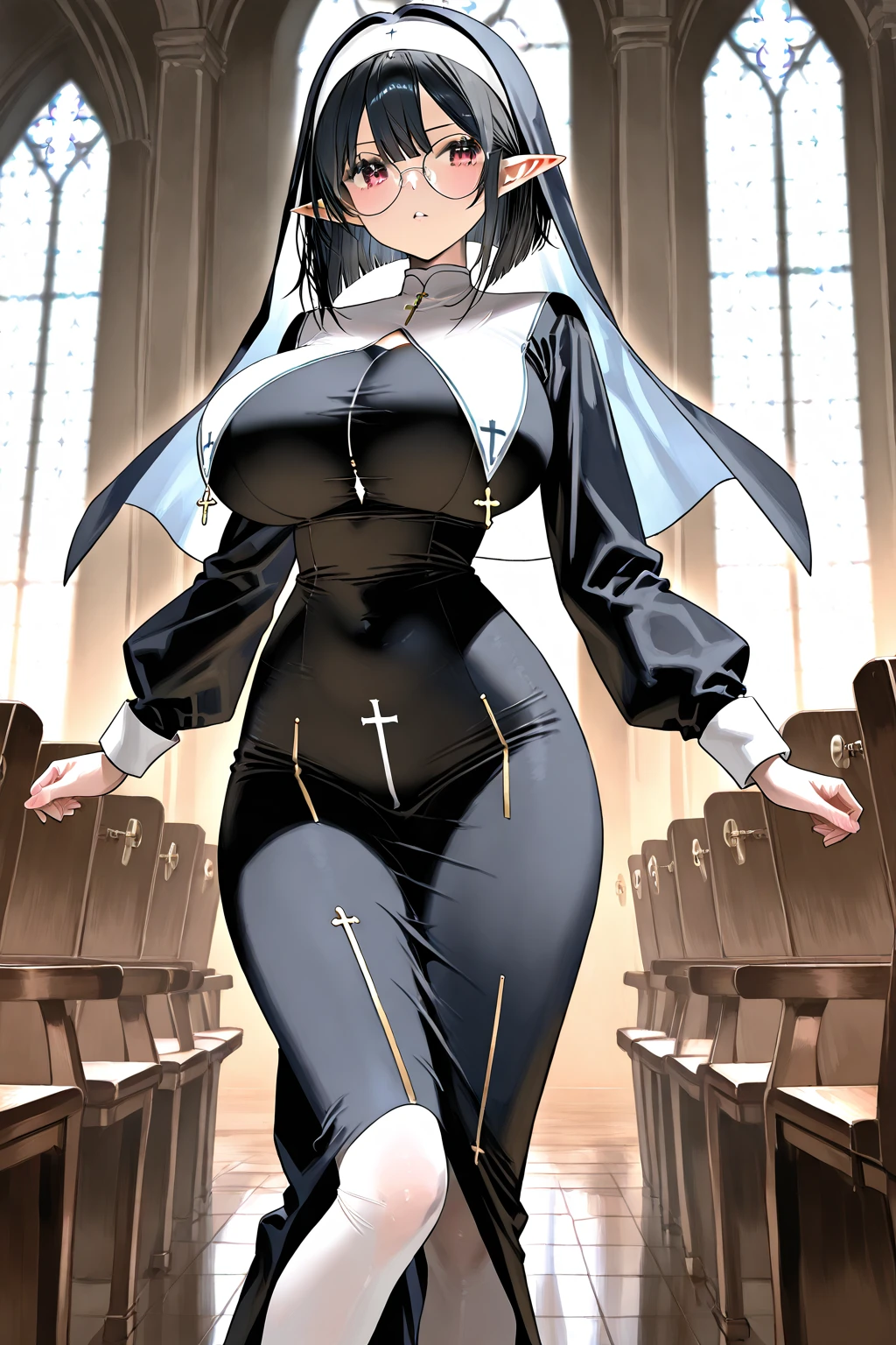 (Masterpiece, best quality), (highres, ultra-detailed), (perfect anatomy), outdoors, 1girl, solo, dress, sela, large breasts, tan, necklace, white sleeves, thighhighs, muscular, thighs, full body, priestess, church, religous, pants, coat, pullover, boots, body suit, bigdress, big robe,black body suit, HIGH BOOTS, feet together, toe to head
