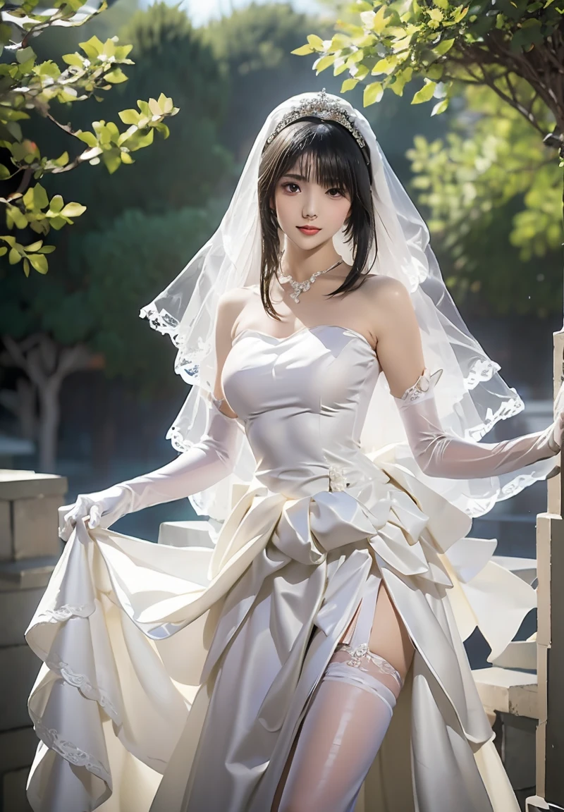 <lora:virtualgirlAim_v20:0.8>, (RAW photo:1.4), (photorealistic:1.7),(intricate details:1.2),(masterpiece:1.3),(best quality:1.4), (ultra highres:1.2), Beautiful face, upon_body, tyndall effect, atmospheric perspective, dark studio, rim lighting, two tone lighting,(high detailed skin:1.2), 8k uhd, dslr, soft lighting, high quality, volumetric lighting, candid, Photograph, high resolution, 4k, 8k, Bokeh, with a sinister castle looming in the distance, castle background, beautiful castle background, ((detailed wedding veil with flowers)), long white gloves,((white lace wedding dress)), sitting down, sitting, outdoors, outside