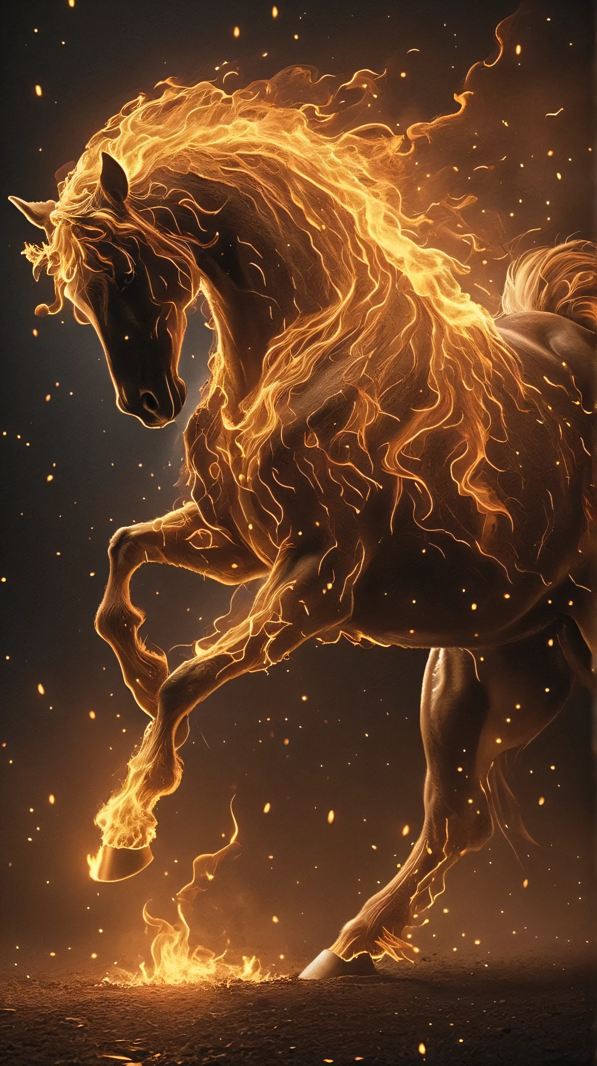 a horse created from fire, flames break out of his body with a long golden mane to the ground covered in flames , illuminating the darkness of the night, he rose on his hind hooves against the starry sky