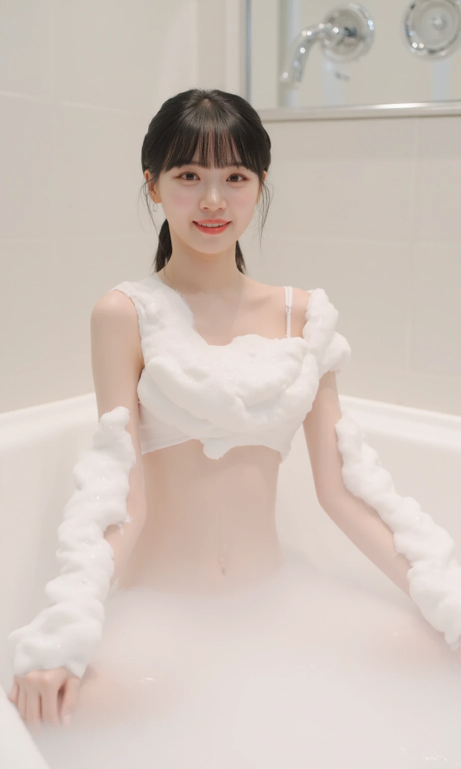 Create an Asian beauty，Standing on the ground，Hair in a bun，Beautiful beautiful big eyes，Regular facial features，Wearing a white satin bathrobe，Scratch your scalp with both hands，Two hands washing hair on top of head，There is a lot of real white foam and water on the hair，Foam wrap head，Real bubbles，Open your eyes，The expression is happy，The characters are realistic and realistic，Pure white high-end bathroom background，Character front position，9:16 frames，Ultra-high-definition picture quality