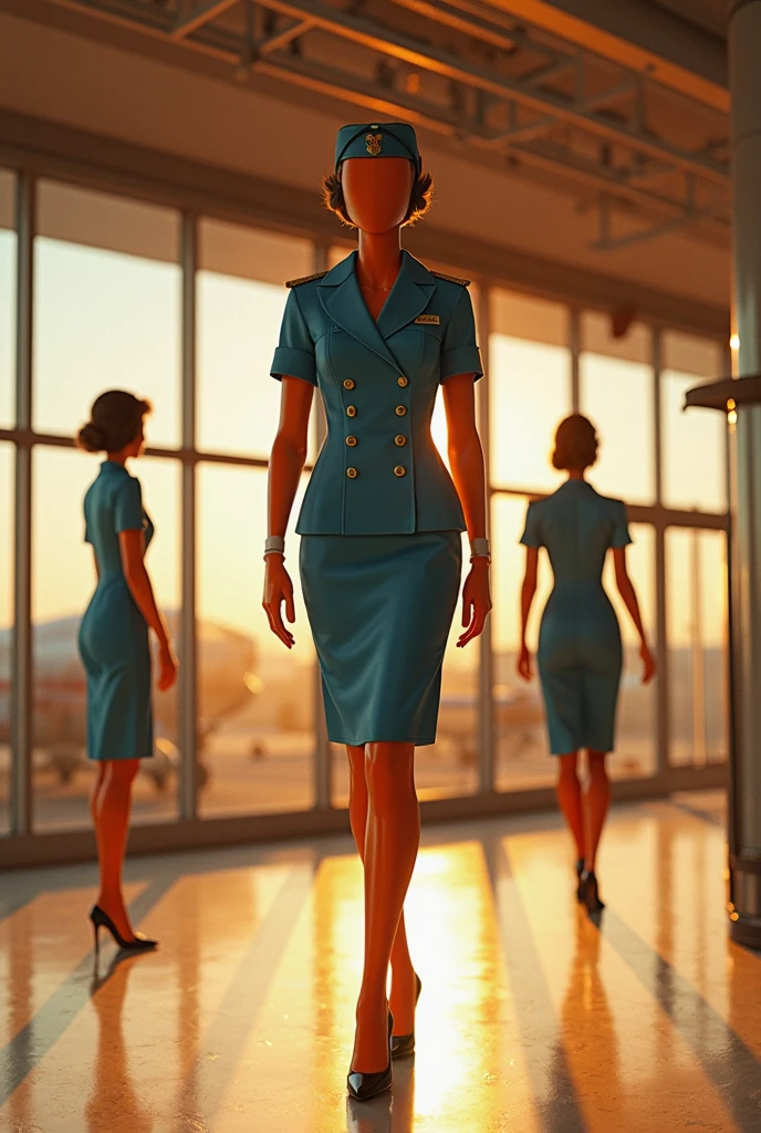 a beautiful stewardess wearing her ginger thick hair in a bun, looking prim and professional in her uniform, s(white skin, bright red lipstick, big bright eyes, cute smile)