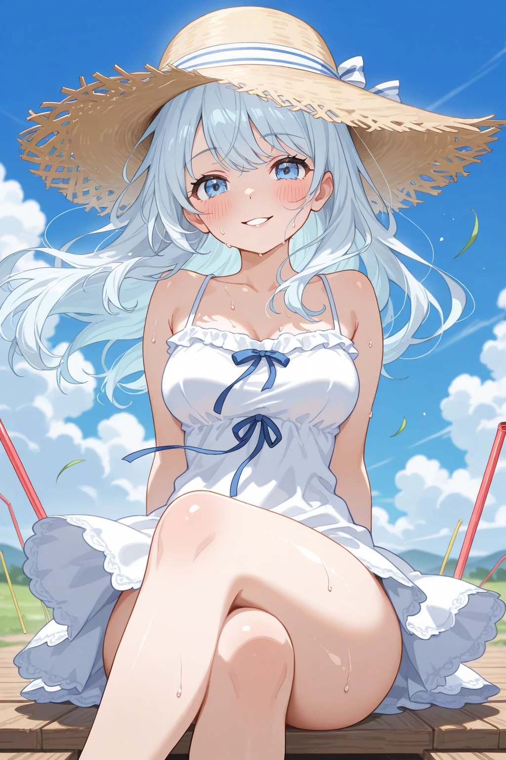 Best image quality,1People Girl,cute,Shiny Hair,black eye,Shining Eyes,,sunflower,stream,Water Play,Wet,girl,small,small breast,White Bikini,Too much exposure,View from below,Navel Fashion,distinct,Thin waist and legs,Know the shape of your vagina,Less area of fabric