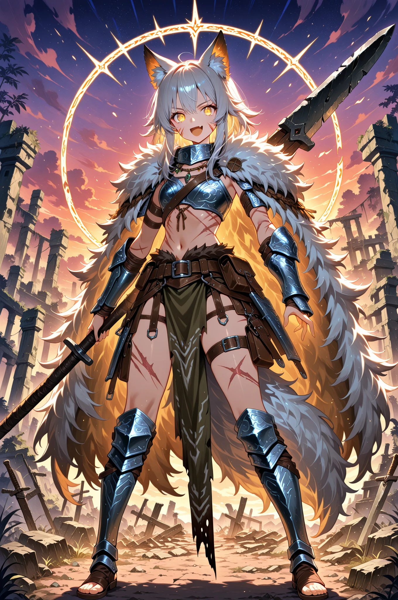 (highres, best quality), far from frame, (1:1), Adult female, (detailed, highly detailed), soft lighting, (color_contrast), Long white hair, brown eyes, rabbit ears, rabbit tail, fitted armor, full body armor, medium breasts, brandishing a sword, on a battlefield, looking fierce, looking determined, detailed eyes, cute, toned body, thick thighs, covered legs, muscular arms
