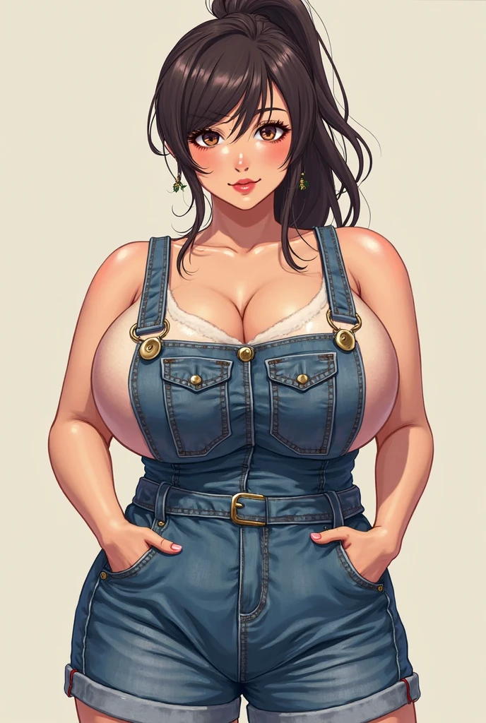 (best quality, masterpiece), 45yo beautiful milf,glasses,denim overalls,(naked),hot pants,side undercut hair,sneaker,(heavy makeup),(wrinkle),huge sagging breasts,necklace,hoop earring,in log cabin,laugh,arms behind head,showing off armpits,smirk,absurdres