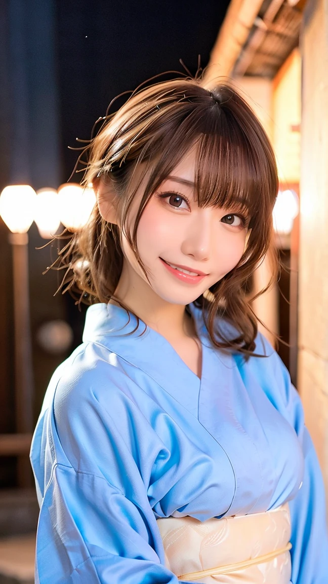 (Highest quality、8K、32k、masterpiece)、(Realistic)、(Realistic:1.2)、(High resolution)、Very detailed、Very beautiful face and eyes、20Adult female years old、Round and small face、Tight waist、Delicate body、(Highest quality、Attention to detail、Rich skin detail)、(Realistic、Realistic:1.37)、Bright colors、(((Brown Hair)))、(((Full Body Shot)))、(((Long Hair)))、(((Night fireworks festival background)))、(((smile)))、(((Teeth are visible)))、(((Wear a yukata)))、、Kanna Hashimoto、 Yukata appearance、