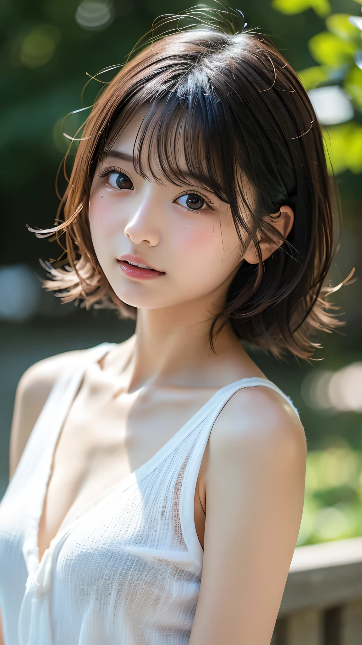 (Highest quality:1.4),(masterpiece:1.4),(Realistic:1.4),(Realistic:1.2),(超High resolution, RAW Photos:1.4),(High resolution, Very detailed:1.2),(8k:1.2),photograph,a photo of a dark-haired,Her hairstyle is a short bob with bangs...,One Girl,alone,(12-year-old sister),((Upper Body:1.3))