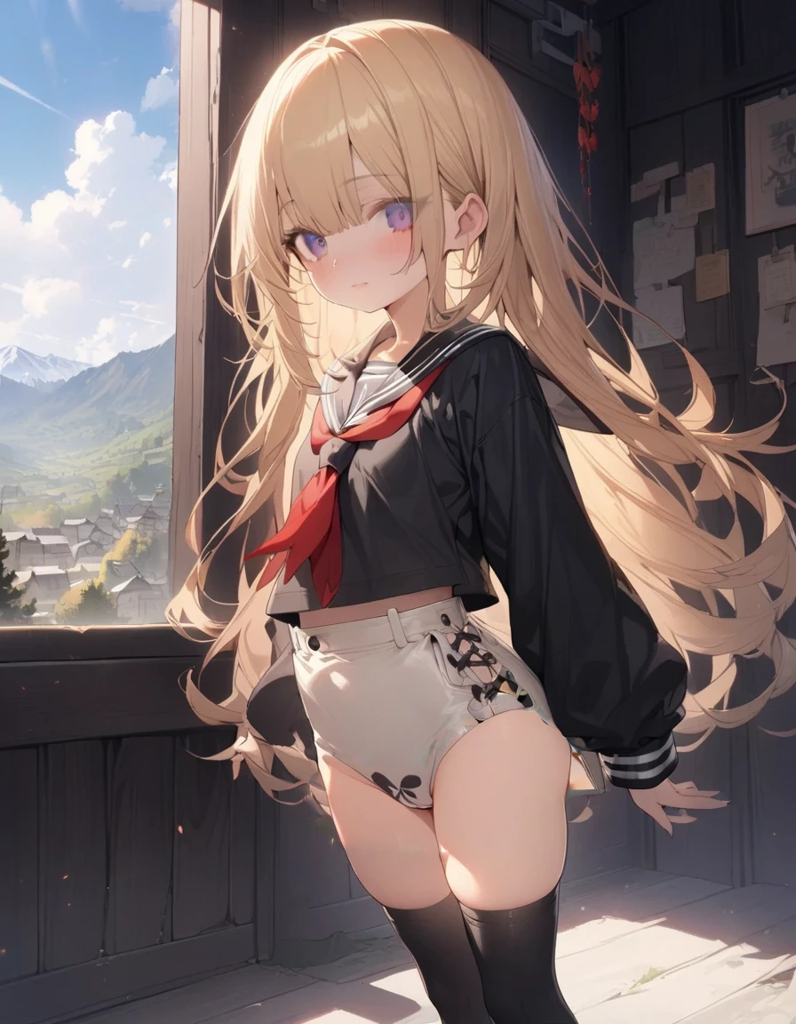 (masterpiece, Highest quality),  (On the cliff at night), One Girl, young teen, Black gymnastics bloomers, High leg、School Shirt,　Jewel-like eyes、whole body、Blonde Long Hair、(Black gymnastics bloomers)+(White blouse with collar)、Cowboy Shot、solo、Umbilical cord、Bare Belly, Thigh height 　 standing in a cliff at night, Looking down、Anxious expression, Emotional, Wide-angle, dark, Best Shadow, watercolor,
