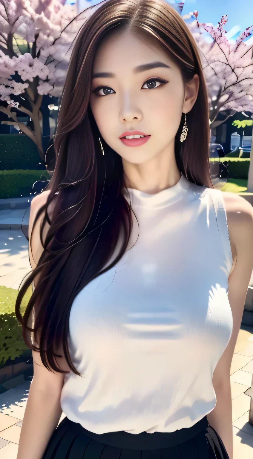 ((Highest quality, 8k, masterpiece :1.3)), One Girl, Open your mouth, ((close your eyes)),Red lipstick:1.2,Heavy makeup:1.2, Beautiful woman, Big Breasts:1.3, Highly detailed face, double eyelid, Blur the background, Slim face, city, sunny, nature,garden,cherry blossoms,Looking into the camera,White loose blouse,(Purple tight skirt),(masterpiece: 1.3), (Maximum resolution: 1.4), (Ultra-high resolution: 1.2), Cinematic Light, Ultra-high resolution, (Detailed eyesと肌), (Detailed facial features), 8k resolution, Perfect Style, Beautiful expression、Highly detailed face and skin texture、Detailed eyes、Glitter Eyeliner:1.2、((Pure white skin:1.4)),Glossy Lips:1.2、((Full Body Shot:1.2)),(Straight Hairstyles、Light brown hair)、One-length long hair、175cm,From above