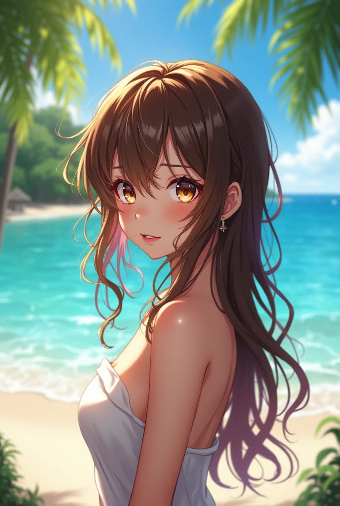 ((masterpiece, Highest quality, High resolution, uhd, Pixel perfect, Depth of written boundary, 4K, RTX, HDR)), 1 Girl, single, alone, 24-years-old, Anime Girls, Beautiful art style, anime character, ((Parted bangs, Brown Hair)), (blue eyes、Round eyes, Delicate eyelashes、Beautiful eyelashes, Perfect Eyes), (Detailed face:1.2), (Smooth texture:0.75, Realistic texture:0.65, Realistic:1.2, Cinematic, Anime CG Style), Perfect body, Ocean:1.3、Moderately good breasts:1.7、Micro Bikini:1.8、Visible from the thighs:1.9、Wet、Water Drop、Splash、nsfw、visible from below、Pause、smile、Night Background:1.8、Bra shoulder straps:1.8、Seen from behind