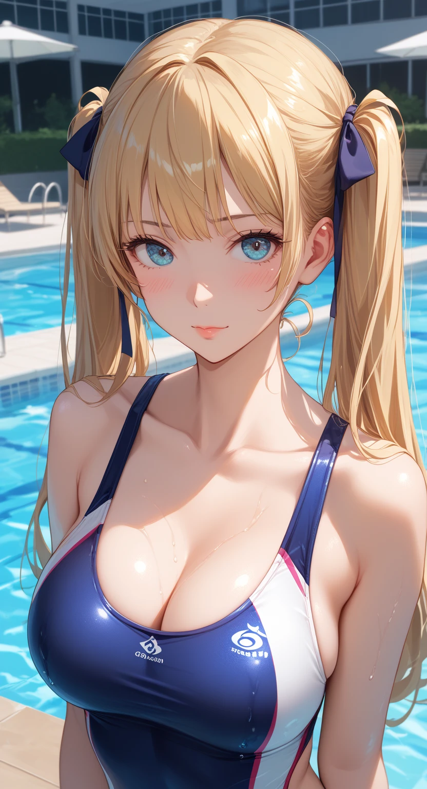 最high quality、Best image quality、masterpiece、With a girl((cute、16 years old、Best Bust、Medium Bust、Beautiful Blue Eyes、Spread your chest wide,blonde、thin、Highest Valley、Blue tattered bikini,Show your whole body、Blue Mesh,swim,Embarrassed face、shame))high quality、Beautiful art、background((Daylight Saving Time、Pool facilitieany people々々、Leisure facilities)),Tabletop、Exquisite design、Visual Arts、Written boundary depth、Best lighting、Highest detail、8k