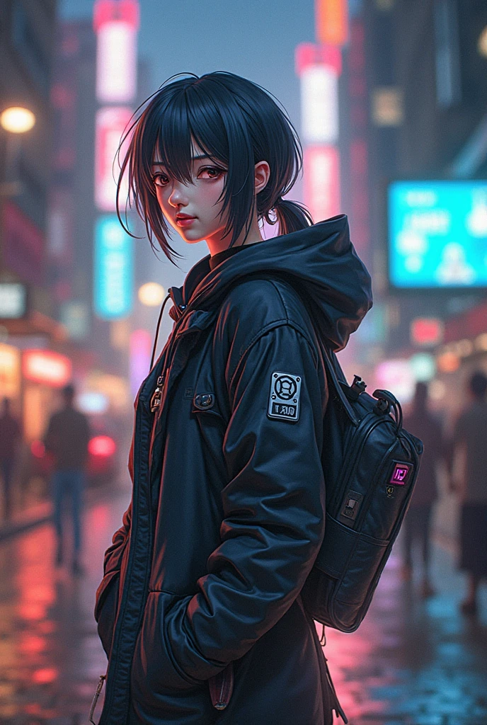 1girl, jacket, rain, outdoor, hoodie, open jacket, chain, backpack, looking at another, messy hair, trending on artstation, 8k resolution, highly detailed, anatomically correct, sharp image, digital painting, concept art, trending on pixiv, style of makoto shinkai,