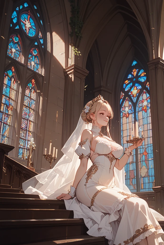 ((unity 16k wallpaper, masterpiece, best quality, ultra-detailed, extremely detailed CG, caustics, cinematic lighting, detailed, beautiful detailed eyes, NSFW: 2.0, 15-year-old girl, dynamic pose) ), erotic, sexy, ultra high resolution, ((cleavage, precise hands without discomfort, precise fingers without discomfort)), fine skin, (cute: 1.2), collarbone, (((JPOP Idol,)), (attractive, sexy pose)), sexy bride, (wedding dress: 2.0, wedding veil, white ruffled long skirt, red hair, church, Colorful stained glass, arms behind back: 2.0))