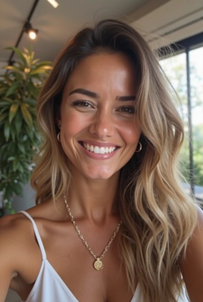 Brenda Lopes Larsson is a 23-year-old woman with a tanned skin tone, suggesting that she spends a lot of time outdoors. Her hair is light blonde, long and wavy, with a natural and loose style. Her eyes are blue and sensual, standing out in contrast to her pale skin and blonde hair. The mouth has full, naturally pink lips, complementing its wide, bright smile, which reveals well-aligned, healthy teeth. Standing 1.65 meters tall, she has a voluminous, toned and curvaceous body. His symmetrical face, with striking features, marked jaws and full lips. Your wide, prominent smile conveys joy and confidence

Brenda is alone in her apartment, sitting on the sofa on all fours showing her vagina