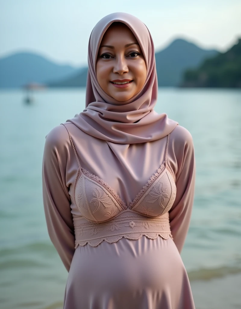 1 malay girl , modern plain hijab, shy, medium portrait shot , watery eyes ,droopy eyes, watery, lip glossy, sad face, ((big breast)), huge pregnant, wear java wedding woman in kebaya , (big breast) , flower garden background, bokeh background, proportional body,
