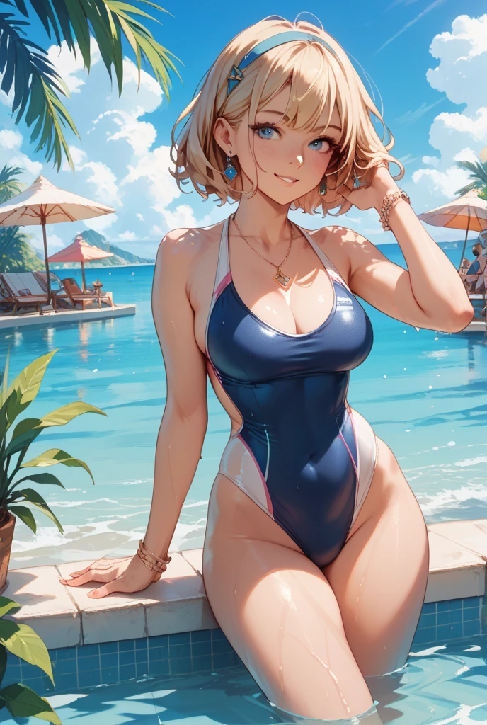 realisitic、top-quality、女の子 1 人、25-years old、Light colored hair、piercings、Shy face、Fancy Bikini、beautiful boob 、sexypose、s ass、night sandy beach、Particles of light、profetional lighting、blue open sky