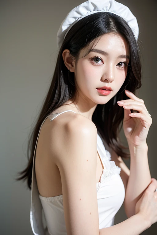 ((10: 1.27), top-quality, master-piece, ultra-high resolution: 1.2) Photos of cute Japanese women (attractive:1.1),dark gray background,White dress ,Beauty style,good anatomy,Supermodel Style