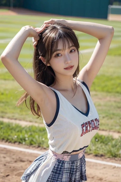absurd, super detailed,bright colors,(8k:1.5),Masseter muscle part,very beautiful detailed face and eyes、summer morning、Ghibli,summer country road,25years old,cheerleader (stylish outfit)