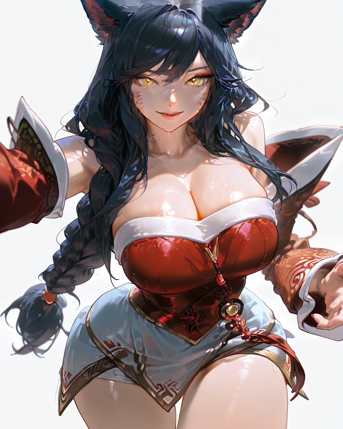 (best quality,ultra-detailed,realistic:1.37),Ahri,spa,luxurious,relaxing atmosphere,beautiful detailed eyes,beautiful detailed lips,smiling,bathrobe,sitting upright,black hair,nine white tails,peaceful background,portraits,vivid colors,soft lighting,tranquil ambiance, bare breasts