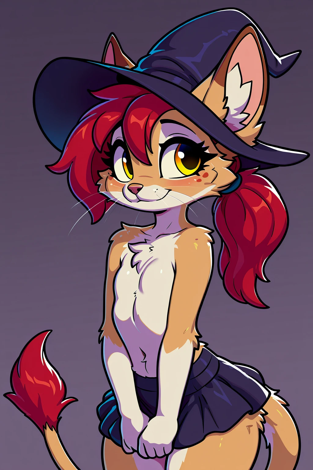 uploaded the e621, beautiful and detailed, woman (((female))) ((anthro)) Fox, (Averi, Fox girl), cinematic lighting, Fox, (anthro, fluffy fur), anthro fox girl, body fur, curvy, sexy, nice, cute, hot, comfortable anime-style cartoon-style, digital drawing, SFW, flat chest, green eyes, nervous smile, sassy, sassy hips, smug, fangs, looking at viewer, simple background, tilted head, leaning sideways, wizard hat, striped thigh highs, holding fireball in hand, fireball, fire magic