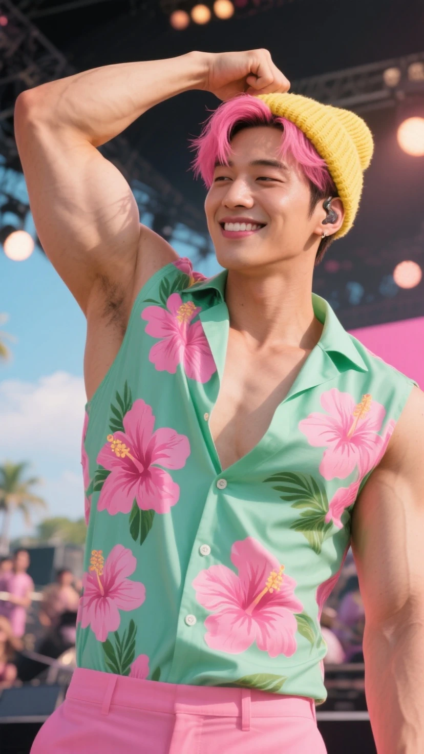 An orange-skinned, blue-haired Alien with a beachy hat, with a blue, green, red and purple beachy floral textured vest, with blue and purple futuristic pants and boots with orange beach details, full black background, highly detailed 
