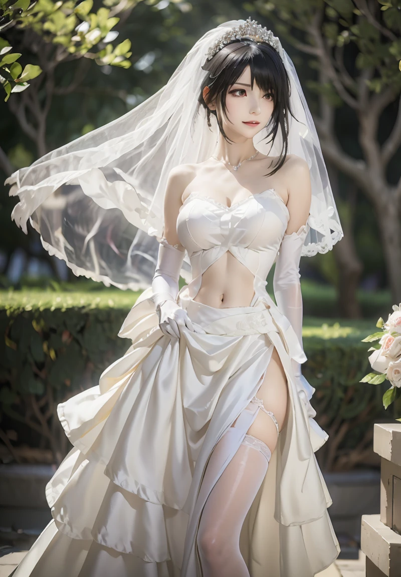 Bride2nd, SecondOutfit, (masterpiece:1.2), (ultra detailed), (8k, intricate), (85mm), light particles, lighting, full body, (highly detailed:1.2), breast focus, (detailed face:1,5), (rule of third_composition:1.3), (Line of action:1.2), wide shot, daylight, solo