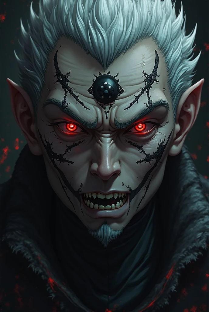 Young man with pale skin and snow white. 25 years old, beard shaved at the chin. Red eyes and iris of his eyes is black. He has vampire teeth, white hair, bare-chested, muscular and athletic. We see several black veins of reemerged on his body and he has four long tentacles in the back which have a pointed dart at their ends. Medium shot photorealistic style 8K.