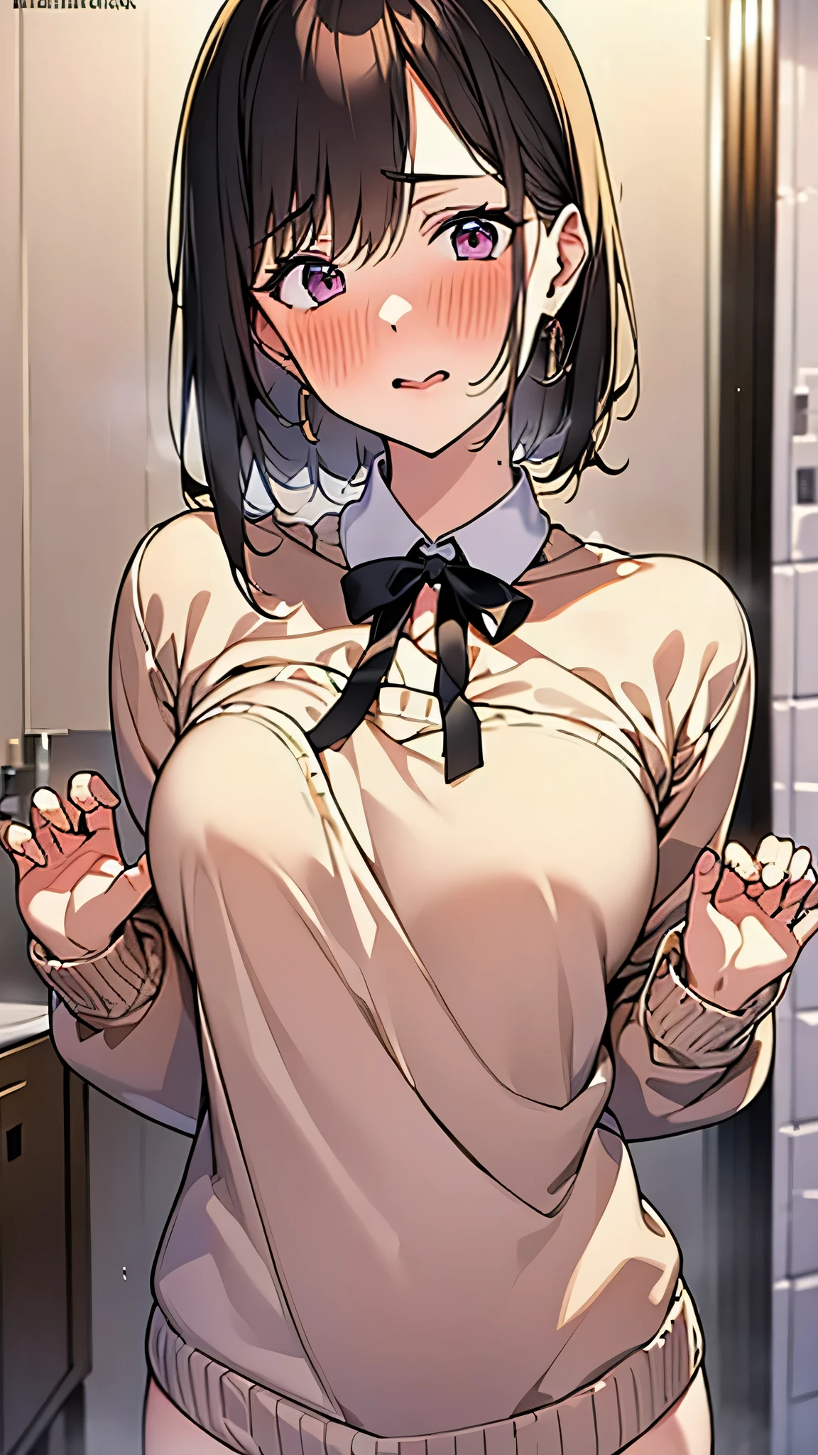 ((safety Sensors、safety、safety、Absolute safety、Everyone)) 、masterpiece, highest quality, Detailed face, Fine grain, withdraw, ponytail, Ribbed sweater dress、Sitting on a pink love hotel bed, Heavy makeup、((Sweating and blushing, Super big , Biting a condom, holding a condom with semen on it, Condom on chest, Used condom))、Detailed and complete characters、Age 34、sexy milf, Beautiful Japanese Women、((pov:1.8))、Top view、From head to toe、