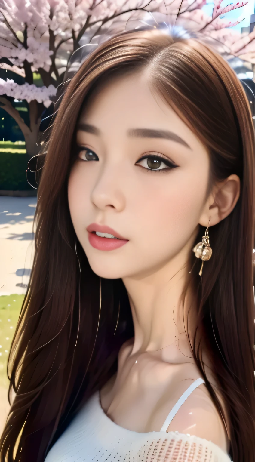 ((highest quality, 8k, masterpiece :1.3)), One Girl, close, Look up,((close your eyes)),Red lipstick,Dark lipstick:1.2,Beautiful woman, Big Breasts:1.3,Light purple long dress,Highly detailed face, fine grain, double eyelid, Blur the background, outside, sunny,cherry blossoms, spring, nature,amusement park, (Maximum resolution: 1.4), (Ultra high definition: 1.2), Cinematic Light, (Detailed skin), (Detailed facial features), 8k resolution, Perfect Style, Beautiful expression、Highly detailed faceと肌の質感、double eyelid、((Pure white skin:1.2)),Glossy Lips:1.2、Detailed lips,Wet lips,((Full Body Shot:1.2)),(Straight Hairstyles、Light brown hair)、One-length long hair、175cm,From above