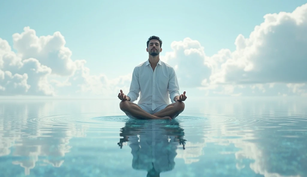 3D view, huge blue lake, a white-skinned man suspended in meditation, with ripples under his feet, a handsome man with a perfect body, perfect abdominal muscles, perfect muscle curves, a handsome man wearing Hanfu ((Chinese style, Asian man))